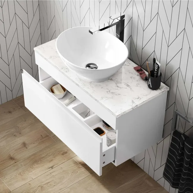 Trent Gloss White Wall Hung Drawer Vanity with Marble Top & Oval Counter Top Basin 800mm
