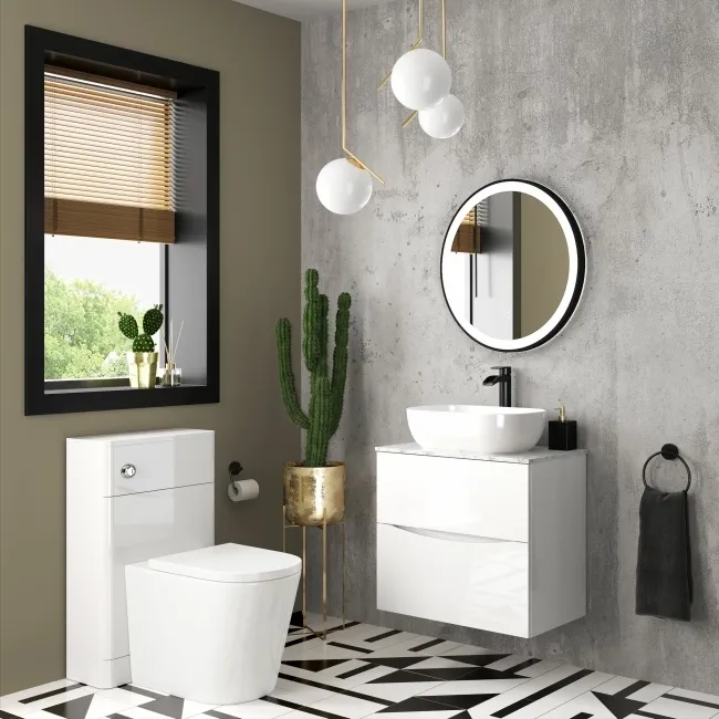 Austin Gloss White Wall Hung Drawer Vanity with Marble Top & Curved Counter Top Basin 600mm