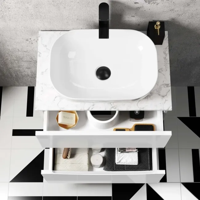 Austin Gloss White Wall Hung Drawer Vanity with Marble Top & Curved Counter Top Basin 600mm