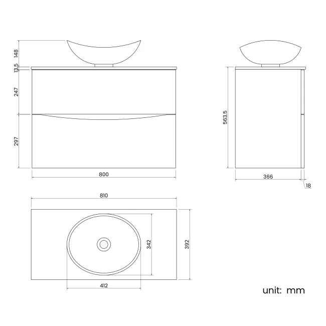 Austin Gloss White Wall Hung Drawer Vanity with Marble Top & Oval Counter Top Basin 800mm