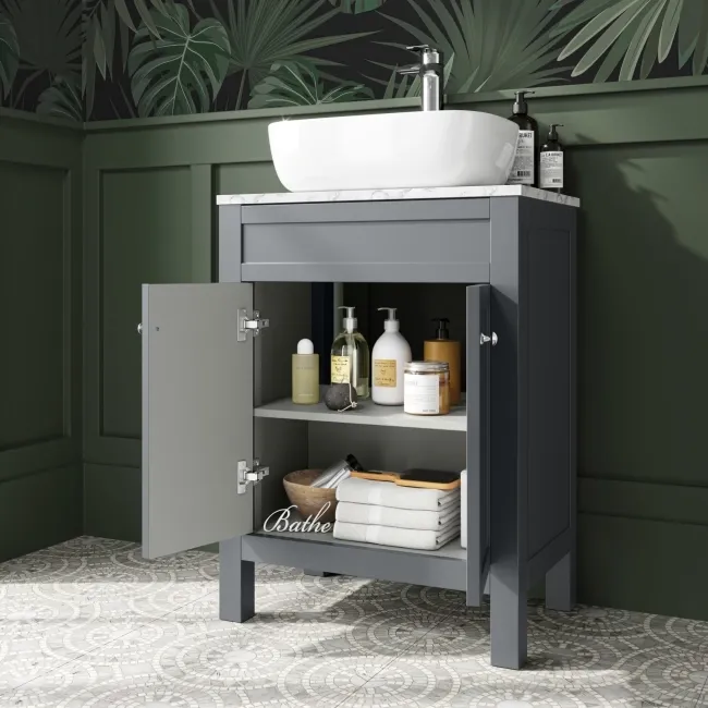 Bermuda Dove Grey Vanity with Marble Top & Curved Counter Top Basin 600mm