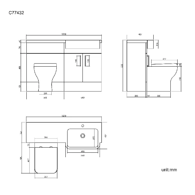 Harper Stone Grey Combination Vanity Basin and Atlanta Toilet 1200mm - Right Handed