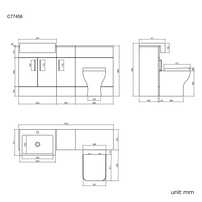 Harper Charcoal Elm Combination Vanity Basin and Atlanta Toilet 1500mm