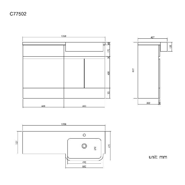 Foster Gloss White Basin Vanity With Back To Wall Unit 1200mm - Right Handed