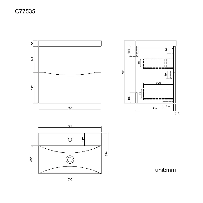 Austin Stone Grey Wall Hung Basin Drawer Vanity 600mm