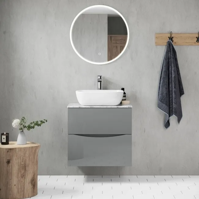 Austin Stone Grey Wall Hung Drawer Vanity with Marble Top & Curved Counter Top Basin 600mm