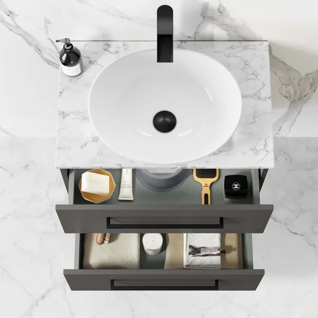 Elba Graphite Grey Wall Hung Drawer Vanity with Marble Top & Oval Counter Top Basin 600mm - Black Accents