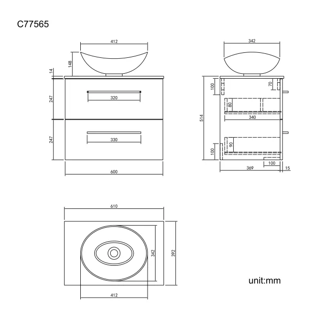 Elba Graphite Grey Wall Hung Drawer Vanity with Marble Top & Oval Counter Top Basin 600mm - Black Accents