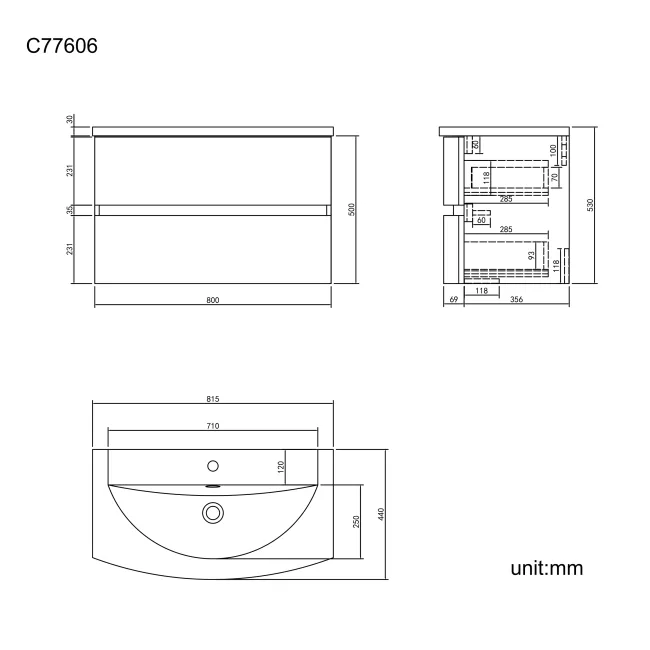 Bali Gloss White Wall Hung Basin Drawer Vanity 800mm