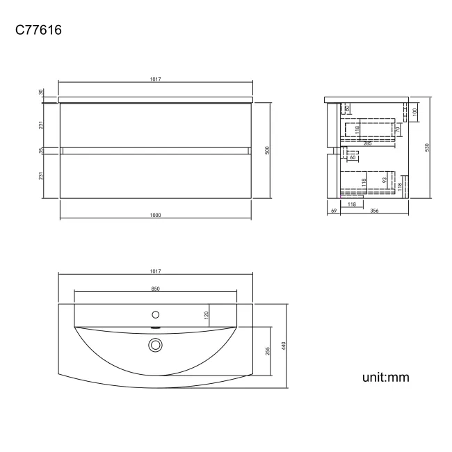 Bali Tungsten Grey Wall Hung Basin Drawer Vanity 1000mm
