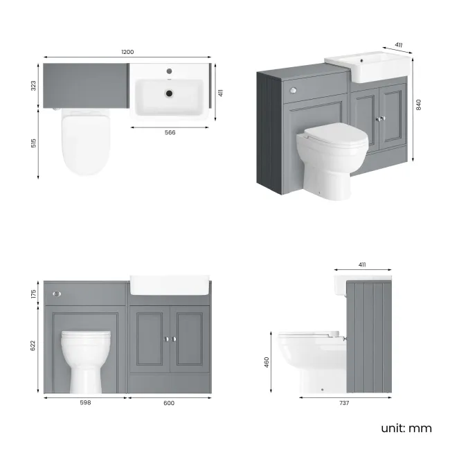 Monaco Dove Grey Combination Vanity Basin and Seattle Toilet 1200mm