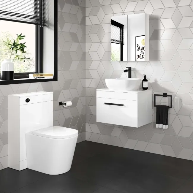 Avon Gloss White Wall Hung Drawer Vanity with Curved Counter Top Basin 600mm - Black Accents