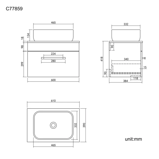 Avon Gloss White Wall Hung Drawer Vanity with Curved Counter Top Basin 600mm - Black Accents