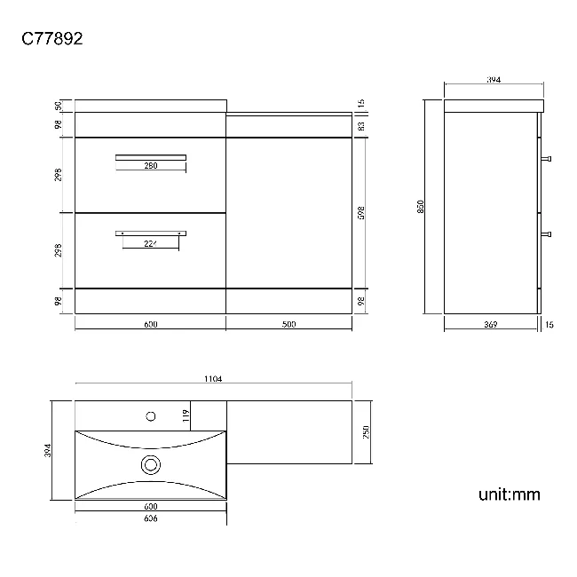 Avon Gloss White Basin Drawer Vanity and Back To Wall Toilet Unit 1100mm (Excludes Toilet) - Black Accents
