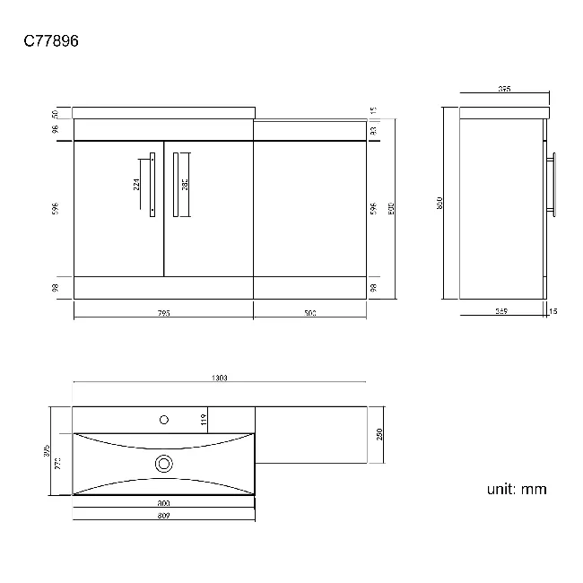 Avon Gloss White Basin Vanity and Back To Wall Unit 1300mm - Black Accents