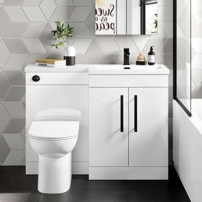 Avon Gloss White Combination Vanity Basin and Aruba Toilet 1100mm - Black Accents - Right Handed