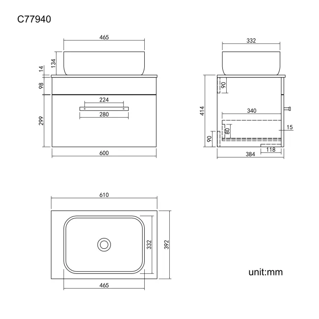 Avon Stone Grey Wall Hung Drawer Vanity with Marble Top & Curved Counter Top Basin 600mm - Black Accents