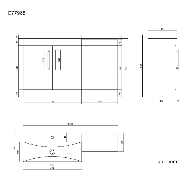 Avon Stone Grey Basin Vanity and Back To Wall Unit 1300mm - Black Accents