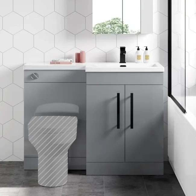 Avon Stone Grey Basin Vanity and Back To Wall Unit 1100mm - Black Accents - Right Handed