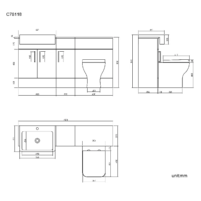 Harper Charcoal Elm Combination Vanity Basin and Atlanta Toilet 1500mm - Black Accents