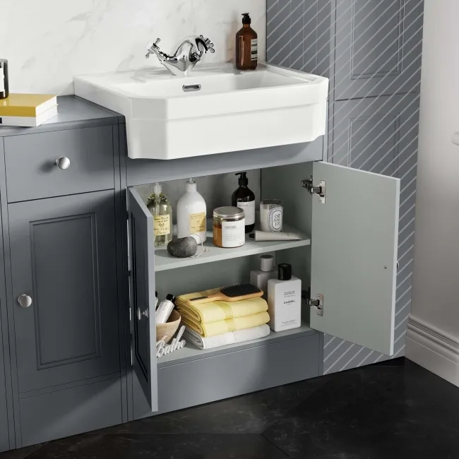 Monaco Dove Grey Combination Vanity Traditional Basin and Hudson Toilet with Wooden Seat 1500mm