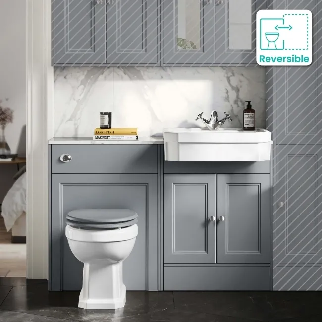 Monaco Dove Grey Combination Vanity Traditional Basin with Marble Top & Hudson Toilet with Wooden Seat 1200mm