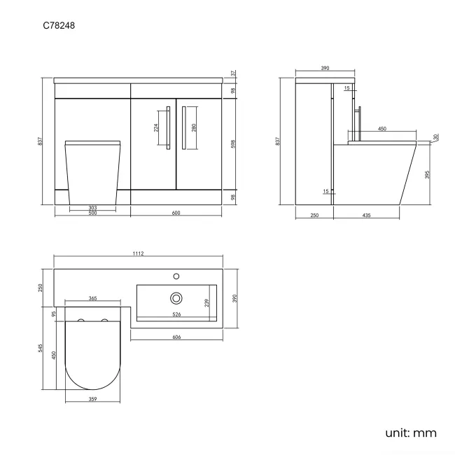 Avon Stone Grey Combination Vanity Basin and Boston Toilet 1100mm - Black Accents - Right Handed