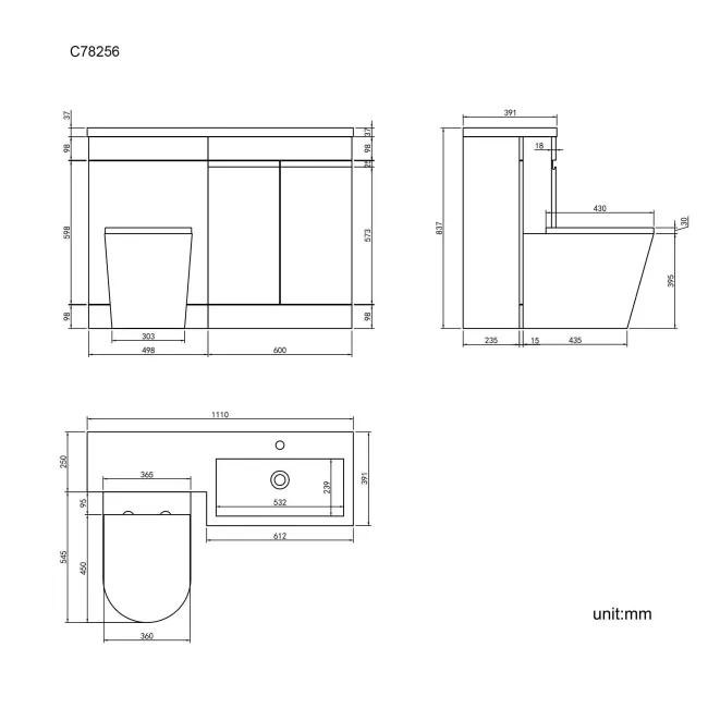 Trent Stone Grey Combination Vanity Basin and Boston Toilet 1100mm - Right Handed