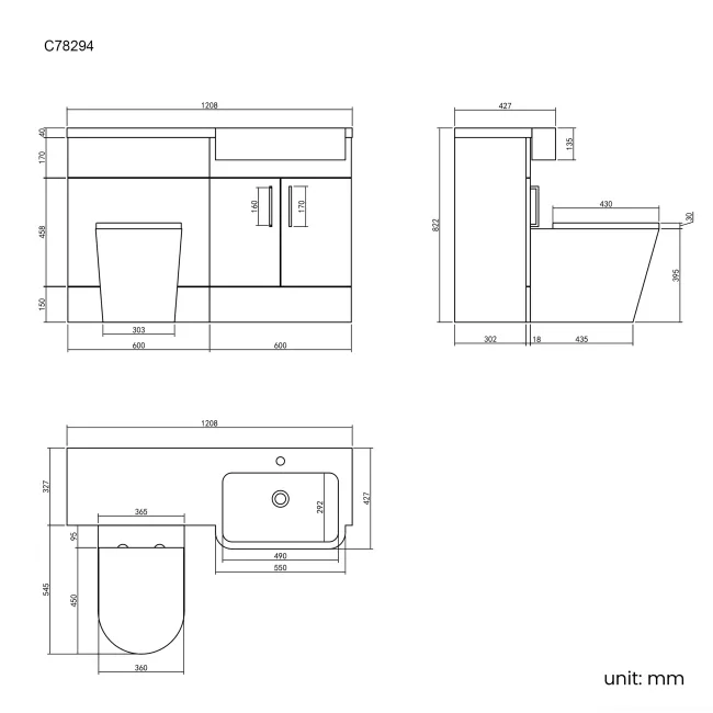 Harper Charcoal Elm Combination Vanity Basin and Boston Toilet 1200mm - Black Accents - Right Handed