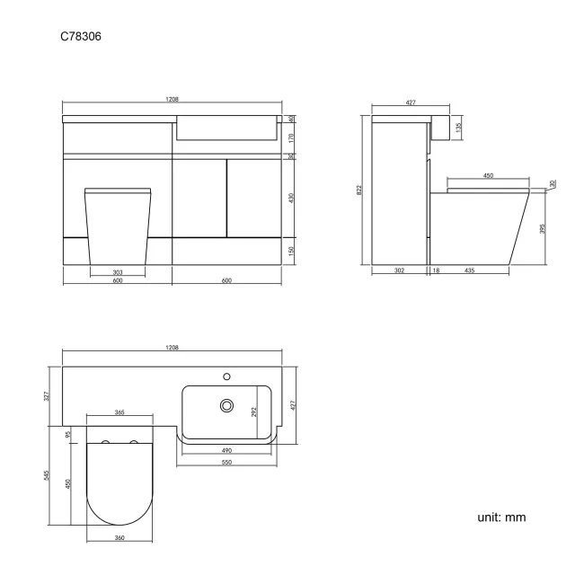 Foster Stone Grey Combination Vanity Basin and Boston Toilet 1200mm - Right Handed