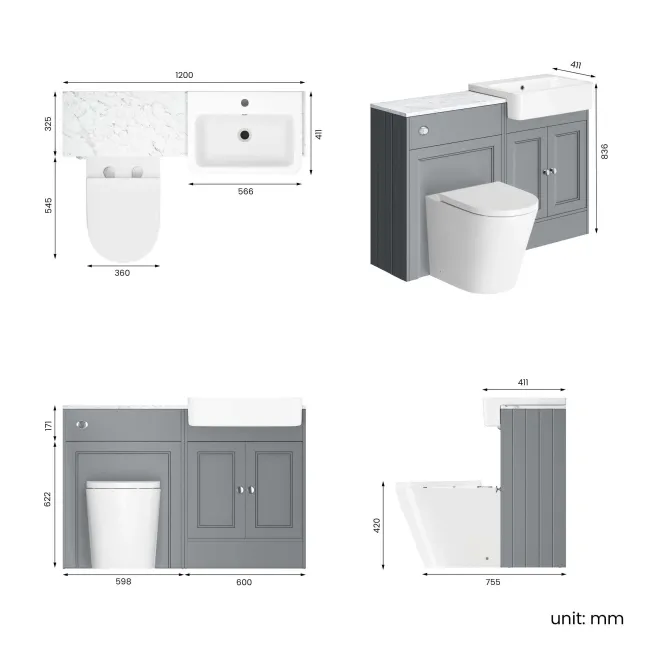 Monaco Dove Grey Combination Vanity Basin with Marble Top & Boston Toilet 1200mm