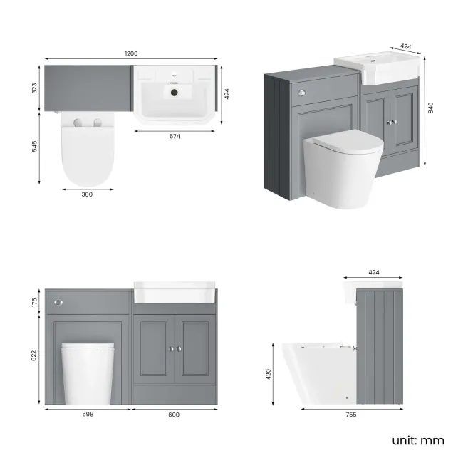 Monaco Dove Grey Combination Vanity Traditional Basin and Boston Toilet 1200mm