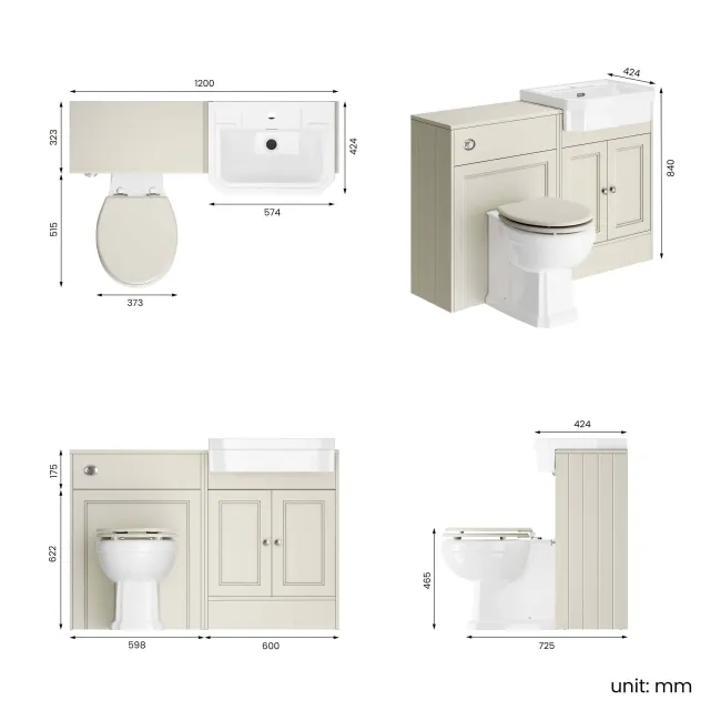 Monaco Chalk White Combination Vanity Traditional Basin and Hudson Toilet with Wooden Seat 1200mm