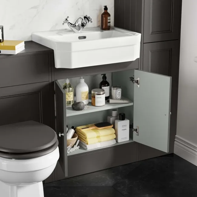 Monaco Graphite Grey Combination Vanity Traditional Basin and Hudson Toilet with Wooden Seat 1200mm