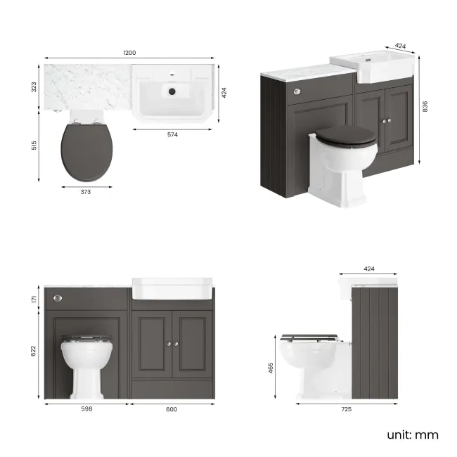 Monaco Graphite Grey Combination Vanity Traditional Basin with Marble Top & Hudson Toilet with Wooden Seat 1200mm