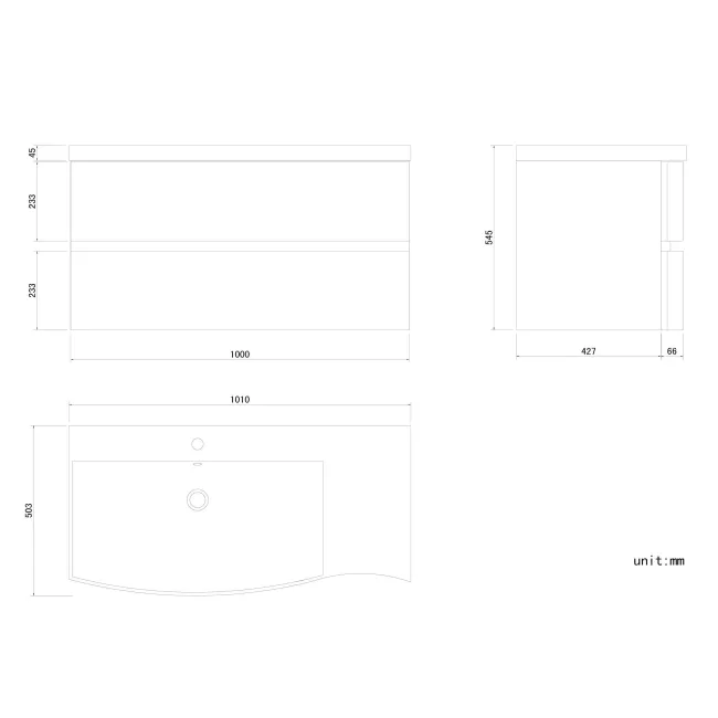 Bali Tungsten Grey Wall Hung Basin Drawer Vanity 1000mm - Left Handed