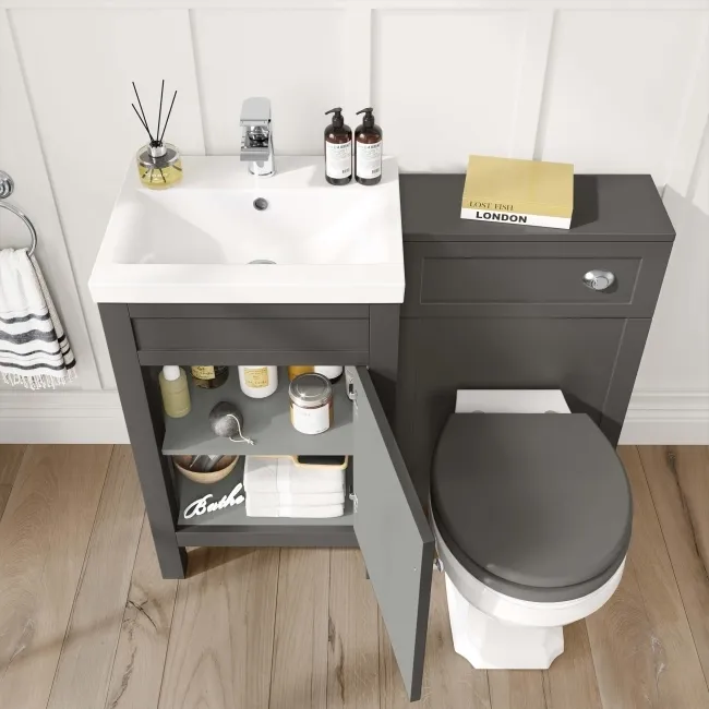 Bermuda Graphite Grey Combination Vanity Basin and Hudson Toilet with Wooden Seat 1000mm