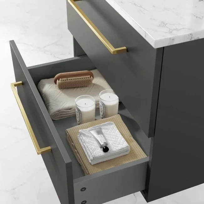 Elba Graphite Grey Wall Hung Drawer Vanity with Marble Top & Oval Counter Top Basin 600mm - Brushed Brass Accents