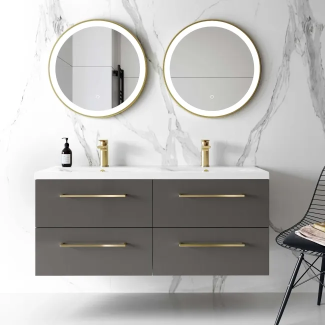 Elba Graphite Grey Wall Hung Double Basin Drawer Vanity 1200mm - Brushed Brass Accents
