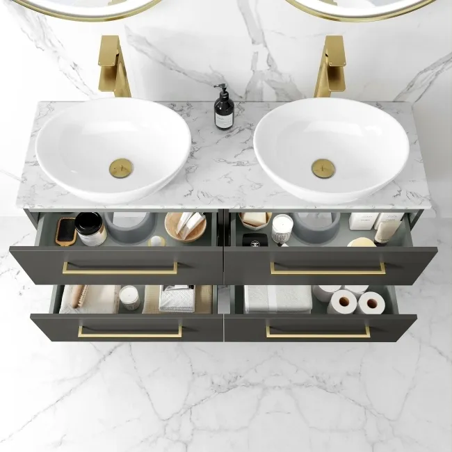 Elba Graphite Grey Double Wall Hung Drawer Vanity with Marble Top & Oval Basin 1200mm - Brushed Brass Accents