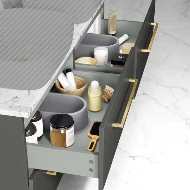 Elba Graphite Grey Wall Hung Drawer with Marble Top 1200mm Excludes Basins - Brushed Brass Accents