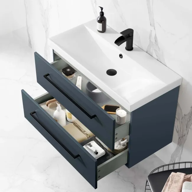 Elba Inky Blue Wall Hung Basin Drawer Vanity 800mm - Black Accents
