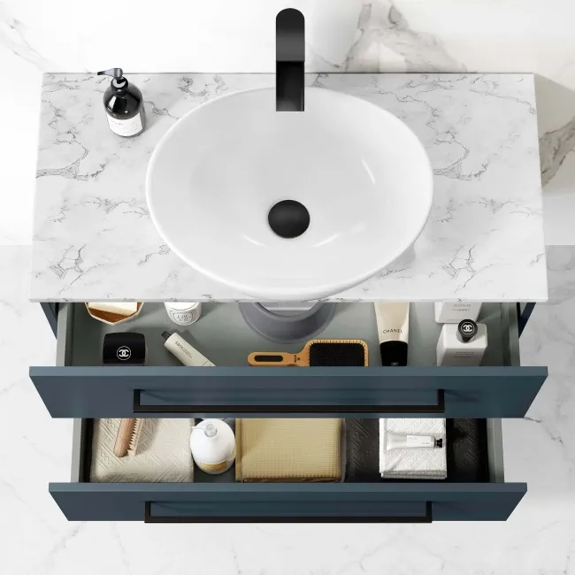 Elba Inky Blue Wall Hung Drawer Vanity with Marble Top & Oval Counter Top Basin 800mm - Black Accents