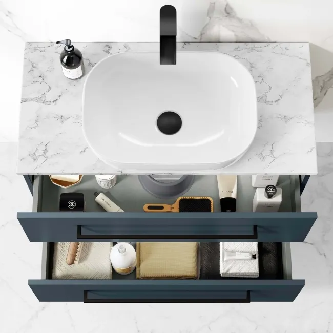 Elba Inky Blue Wall Hung Drawer Vanity with Marble Top & Curved Counter Top Basin 800mm - Black Accents