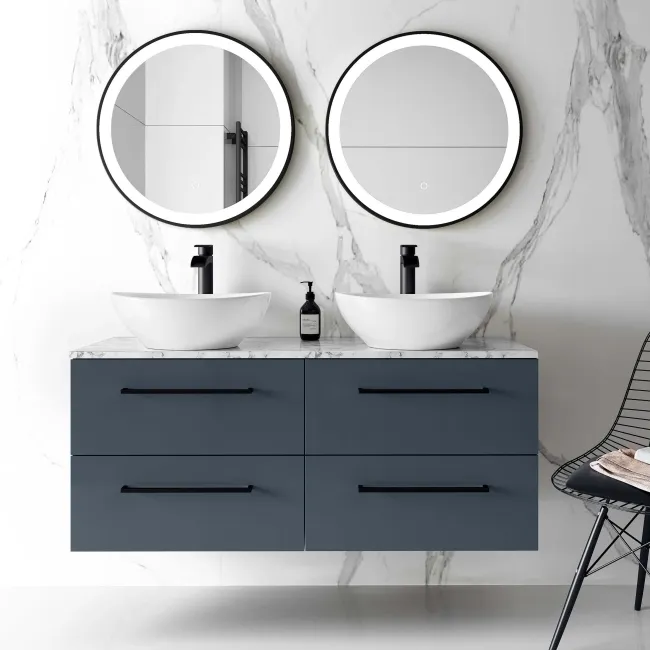Elba Inky Blue Double Wall Hung Drawer Vanity with Marble Top & Oval Basin 1200mm - Black Accents