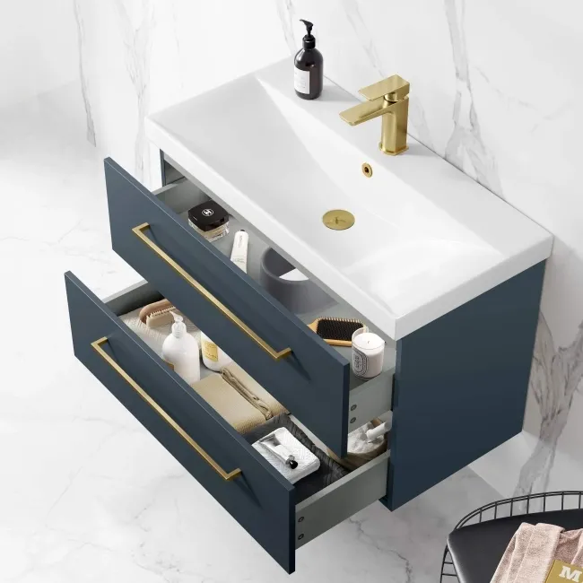 Elba Inky Blue Wall Hung Basin Drawer Vanity 800mm - Brushed Brass Accents