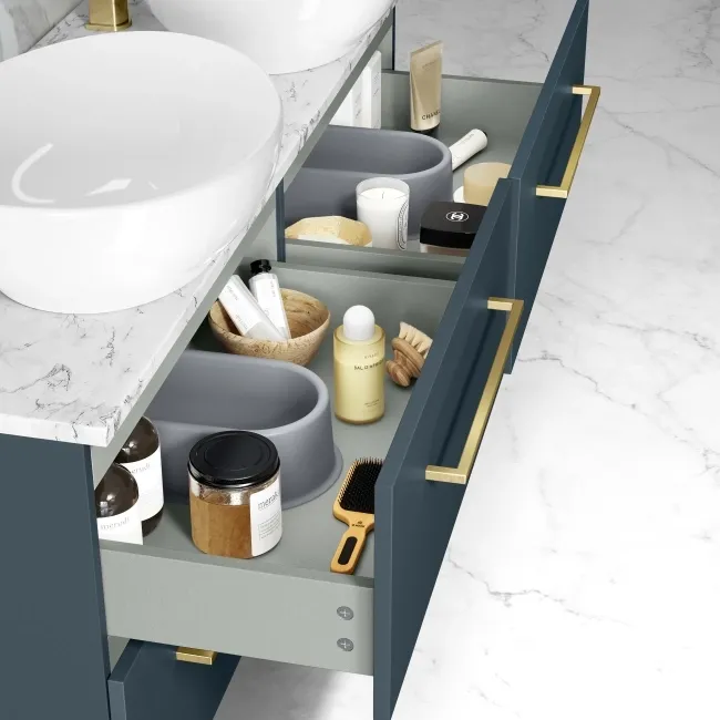 Elba Inky Blue Double Wall Hung Drawer Vanity with Marble Top & Oval Basin 1200mm - Brushed Brass Accents