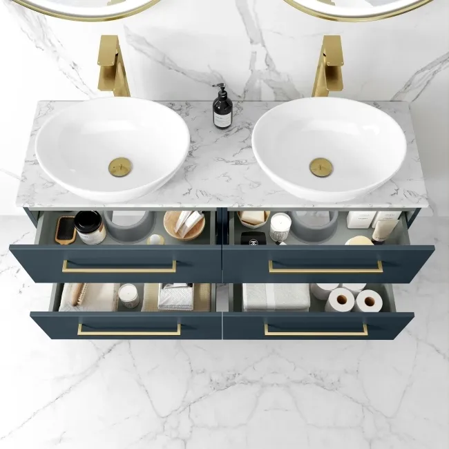 Elba Inky Blue Double Wall Hung Drawer Vanity with Marble Top & Oval Basin 1200mm - Brushed Brass Accents