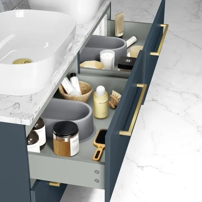 Elba Inky Blue Double Wall Hung Drawer Vanity with Marble Top & Curved Basin 1200mm - Brushed Brass Accents