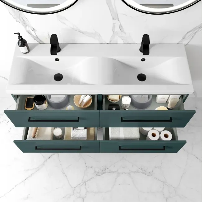 Elba Midnight Green Wall Hung Double Basin Drawer Vanity 1200mm - Black Accents